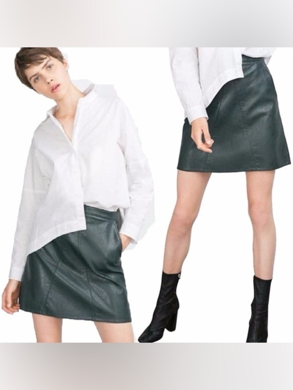 Zara dark forest green faux leather A-line mini skirt moto Sz M
